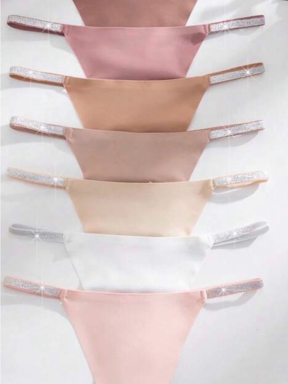 Set of Rhinestone-Strap Seamless Thongs in Soft Neutrals